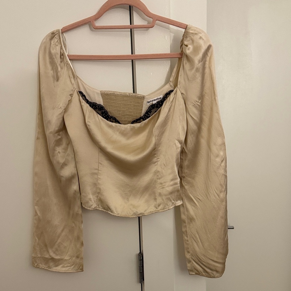 Reformation Cream and Black Lace Detail Top